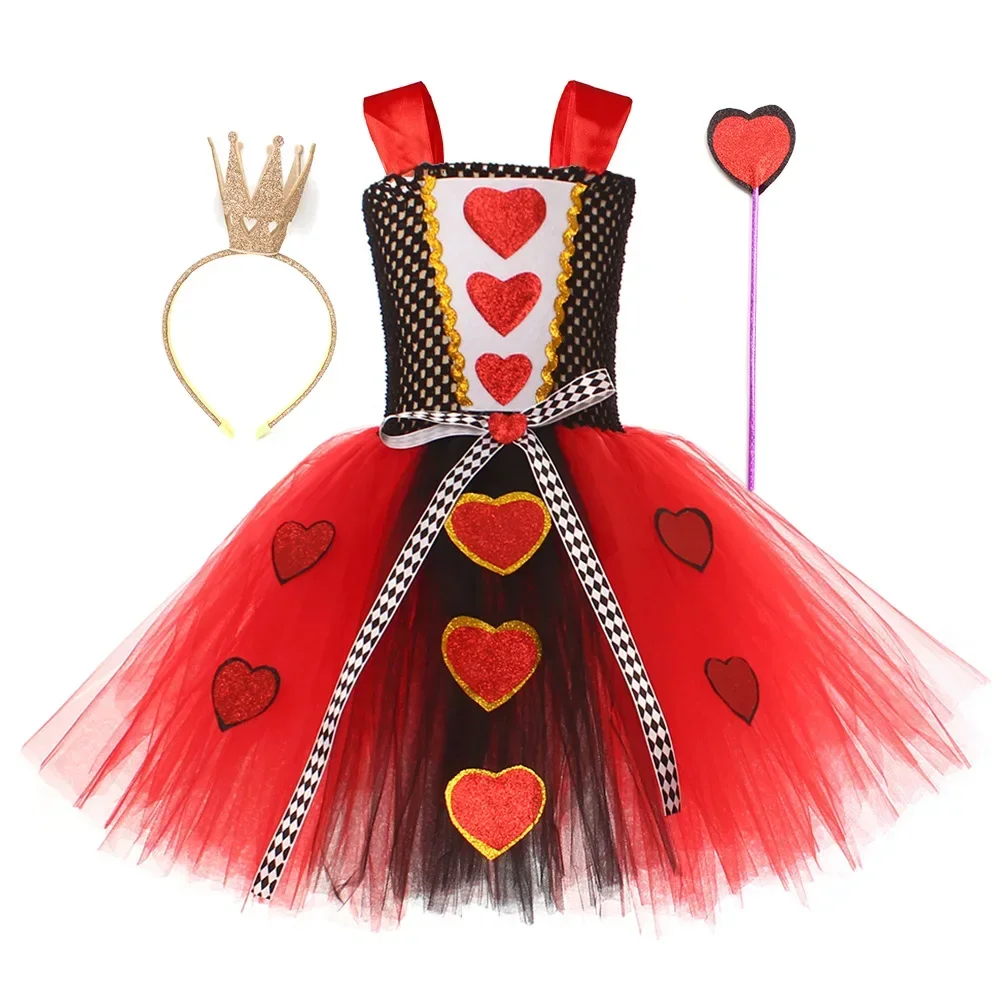 Girls Red Queen of Hearts Costumes Girls Alice in Wonderland Fancy Dress Kids Carnival Halloween Outfit with Crown Magic Stick