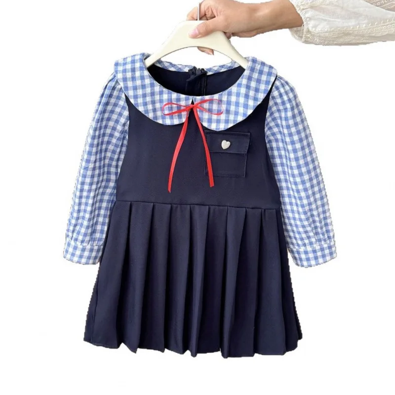 2025Spring and Autumn Girls' Fresh Style Dress Fake Two-Piece College Style Baby Striped Long Sleeve Turn-Down Collar Shirt Dres