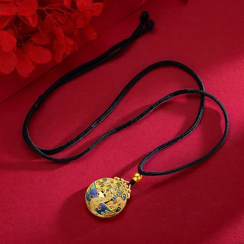 

9999 real gold 24K yellow gold Phoenix Pendant Women's Ancient Method Phoenix Fu Brand Burned Blue Enamel Pendant