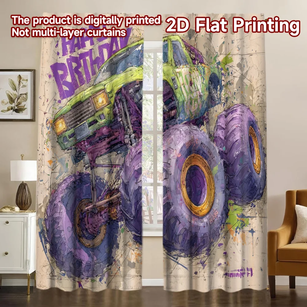 Impresión plana 2D, 2 uds., camión monstruo de feliz cumpleaños, cortinas modernas minimalistas, cortinas de poliéster, uso de regalos para cocina y sala de estar