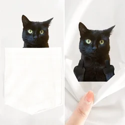 CLOOCL Black Cats Cotton T-Shirts Funny Animals Kitten Double Middle Finger Pocket Short Sleeve Shirts Summer Tees Men Clothing