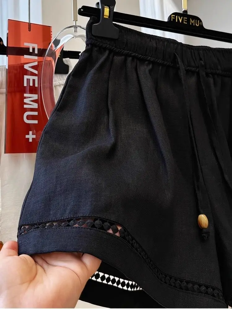 Women's Summer New Loose Drawstring Elastic Waist Lace Patchwork Palazzo Shorts