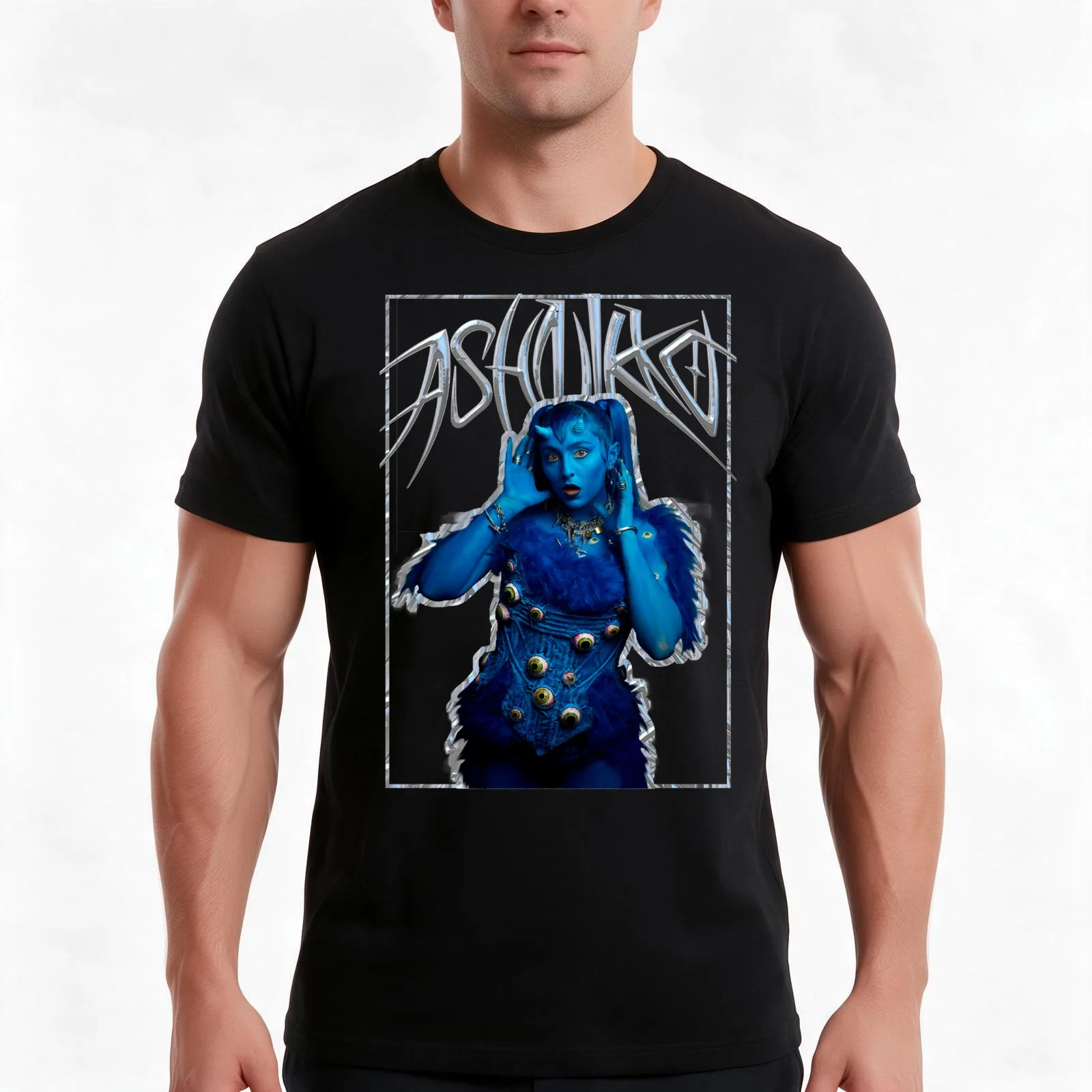 Ashnikko blue devil clear background T-Shirt, Summer Casual Cotton Tee, Oversized Streetwear Tops, Vintage Graphic Print