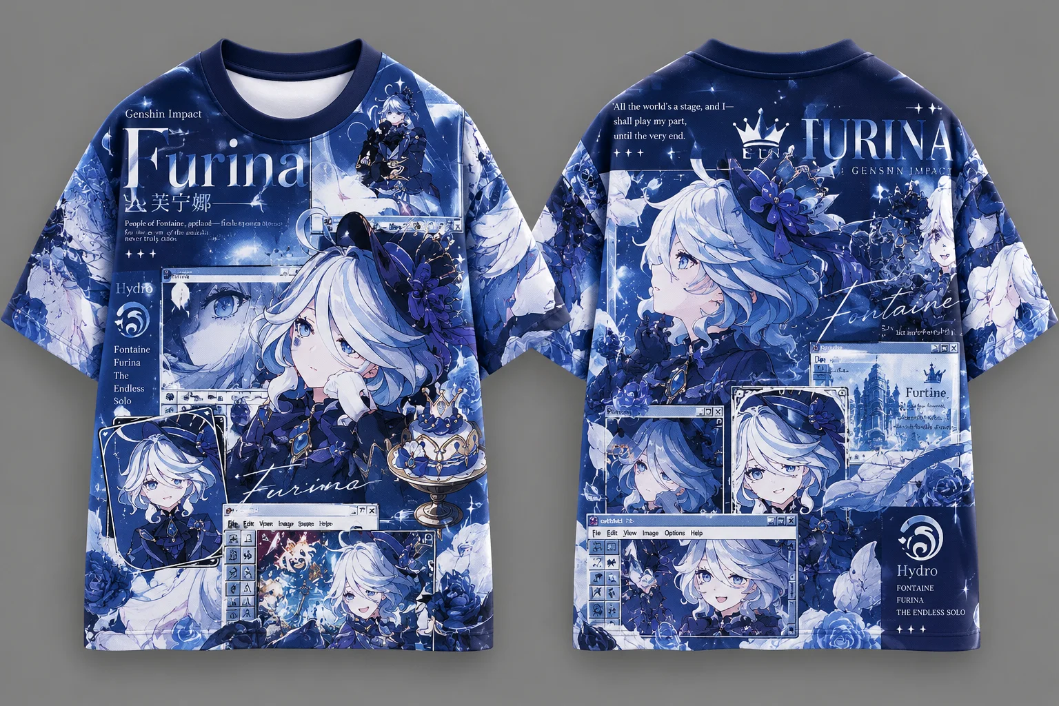 Genshin Impact Furina Raiden Shogun Eula Venti Hu Tao Game Anime Print Tops, Y2K Street Cosplay for Men Women for Game Fans