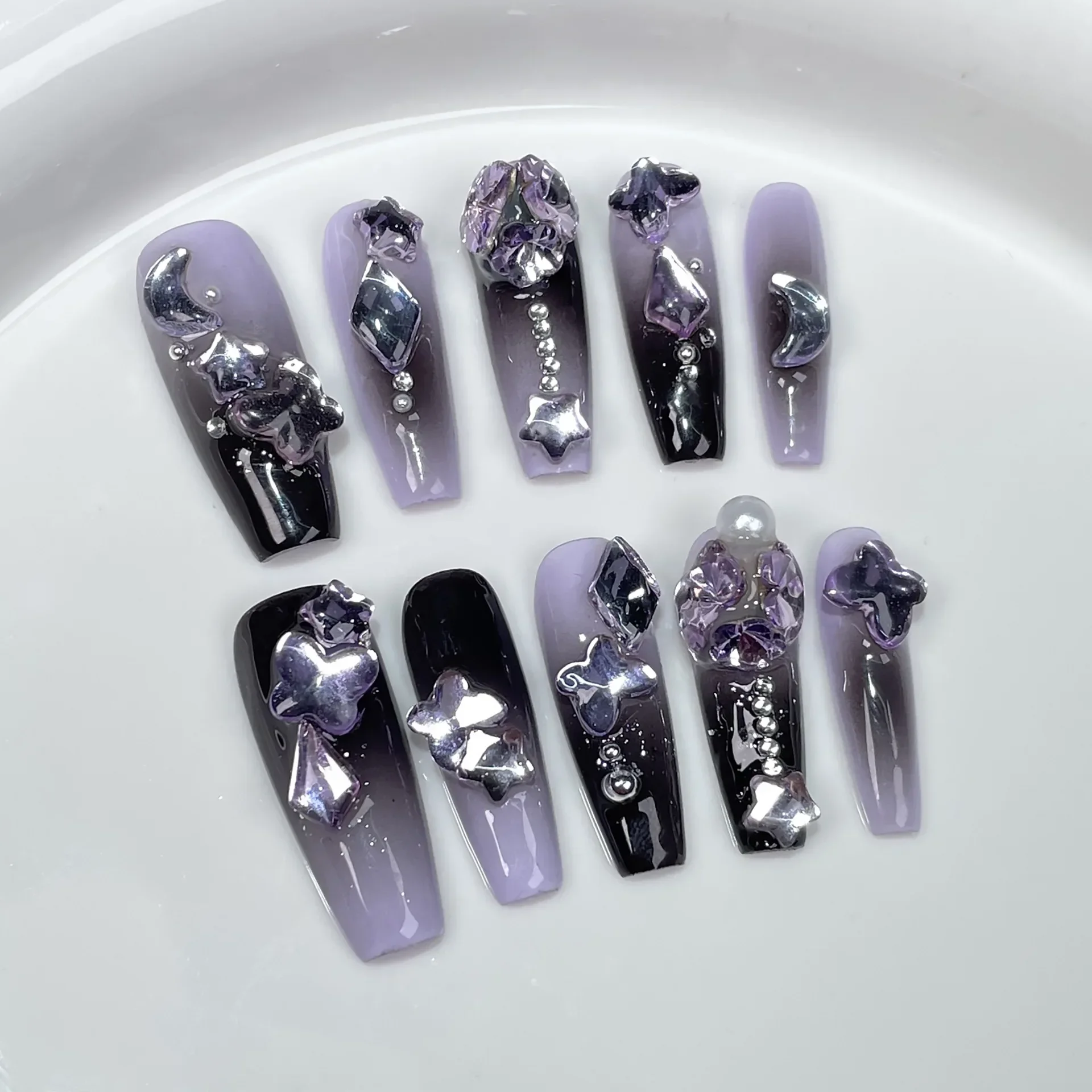 10 Stück süße coole lange Nägel zum Aufdrücken, schwarz-rosa Gitter, künstliche Nägel mit 3D-Stern-Herz-Design, Halo-Färben, Sarg, Y2K-Fälschungs-Nagelspitzen – Detail 7