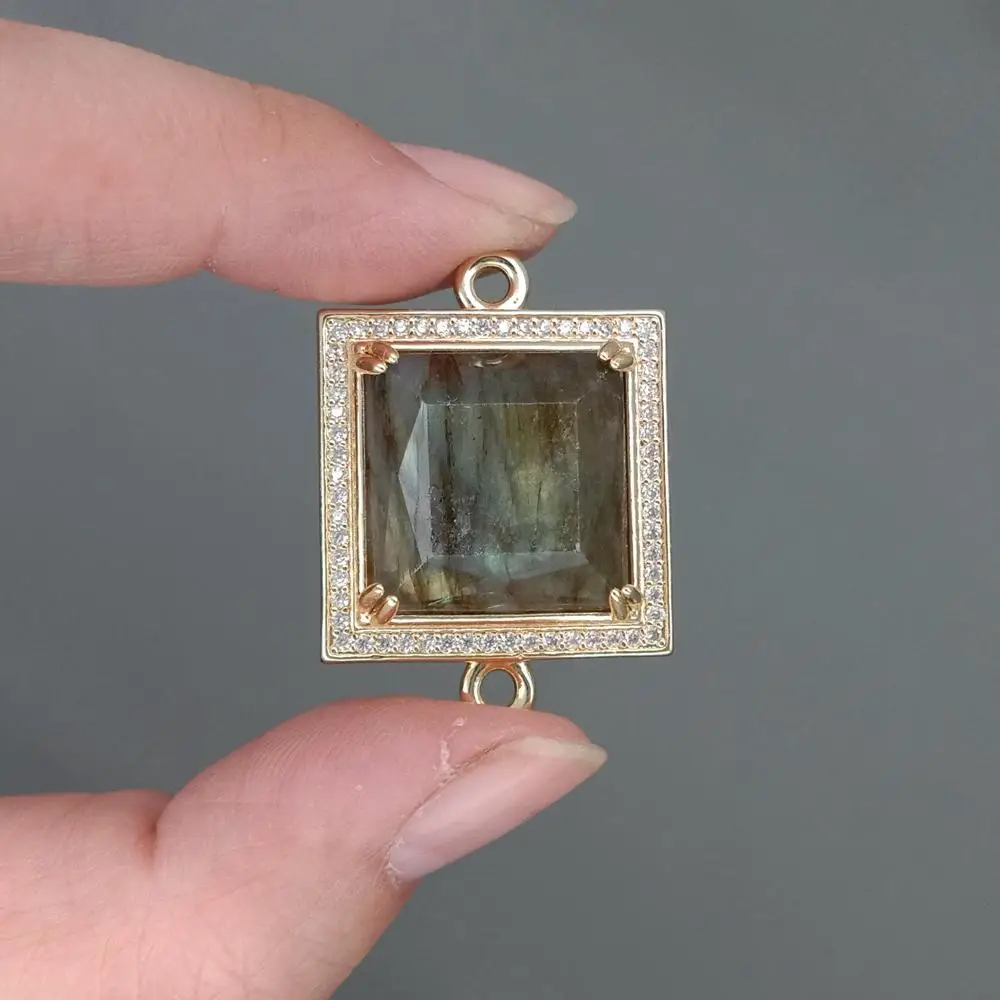 

5 PCS Natural Square Labradorite Cz Pave Gold Plated Double Ring Connector