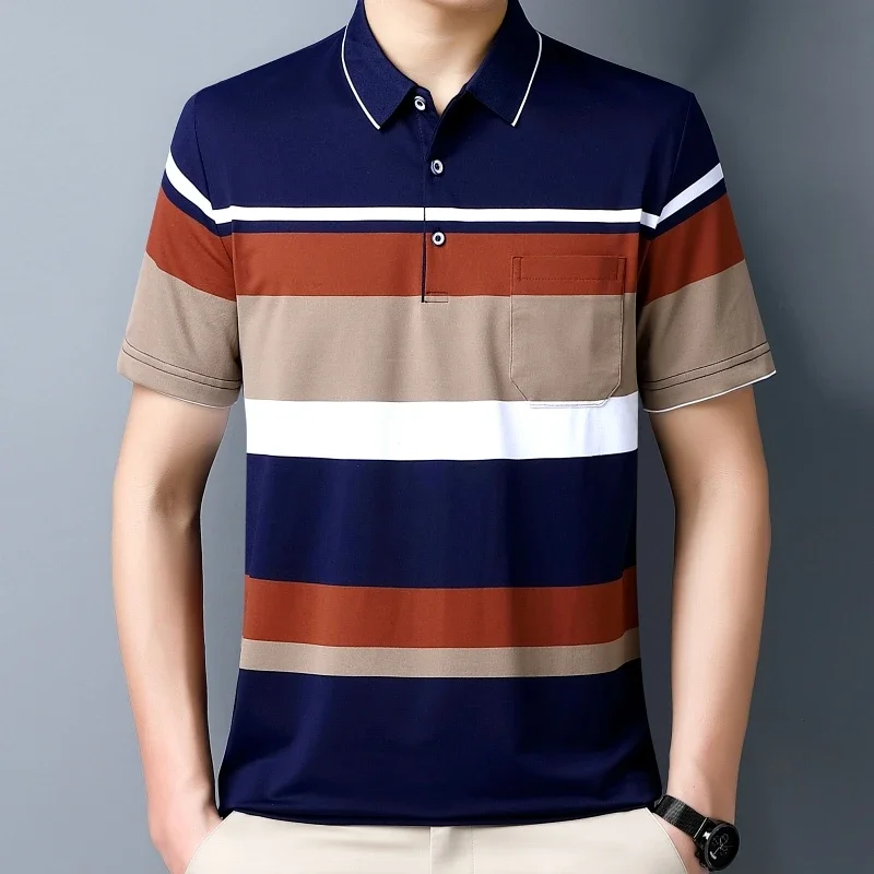 New Men\'s Color Woven Striped Short Sleeved POLO Shirt Cotton Summer Casual Top