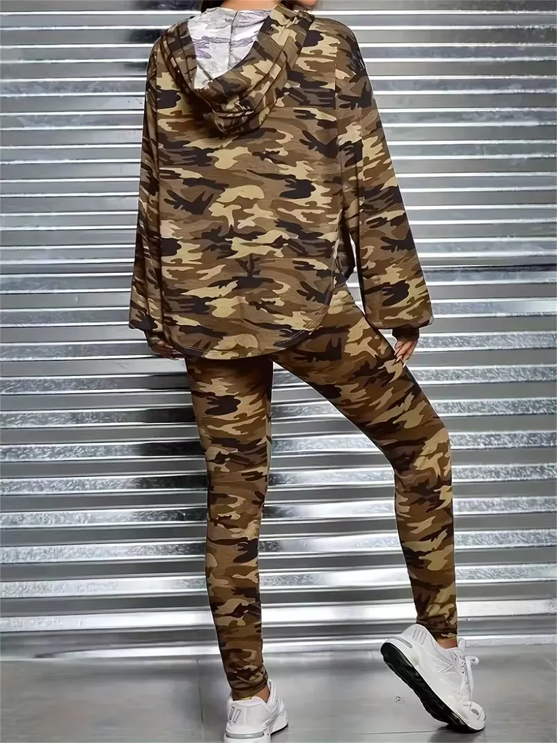 Damen Camouflage-Print Kapuzen-Trainingsanzug, Oversize Langarm-Hoodie, Jogginghose mit Bündchen, Lässige Loungewear, Zweiteiliges Outfit-Set – Detail 13