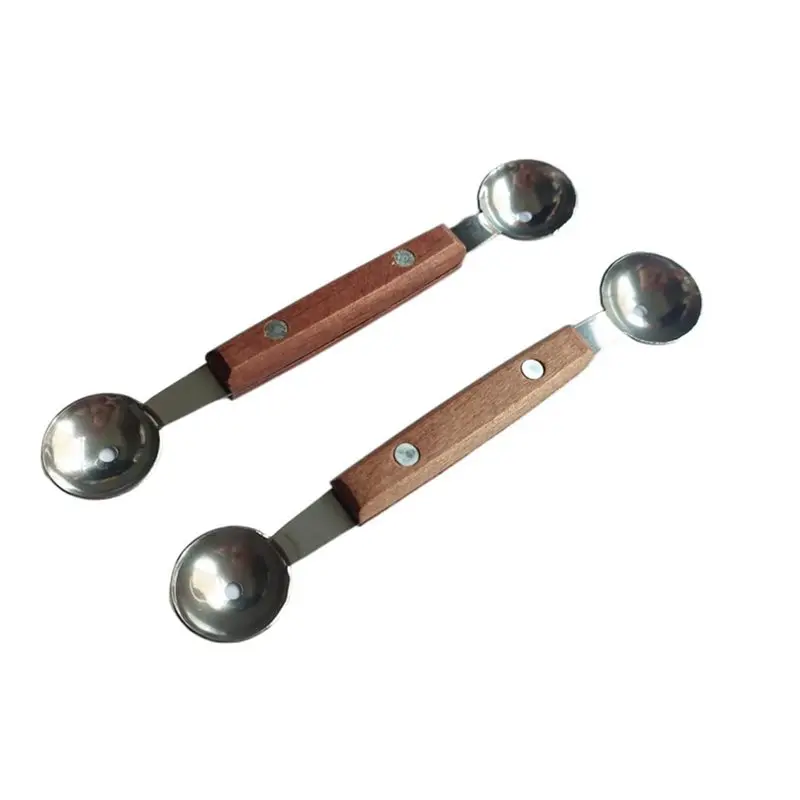 ABXF-Double-Sided Stainless Steel Fruit Melon Baller Spoon With Wood Handle, 2 In 1 Scoop 18Cm 2 Pack