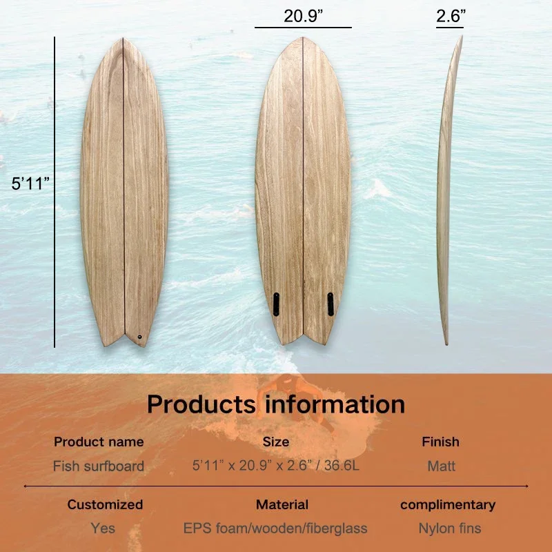 2026 Lightweight Wooden Surfboard | EPS Foam Core with Fiberglass Epoxy Coating | High Performance Fish Surfboard for Adults