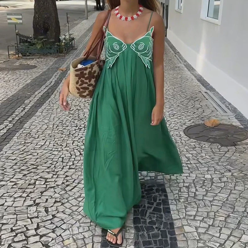 여성 잉어 롱 캐미 드레스 Y2k 자수 스파게티 스트랩 플로위 맥시 드레스 여름 휴가 비치 V넥 백리스 선드레스
