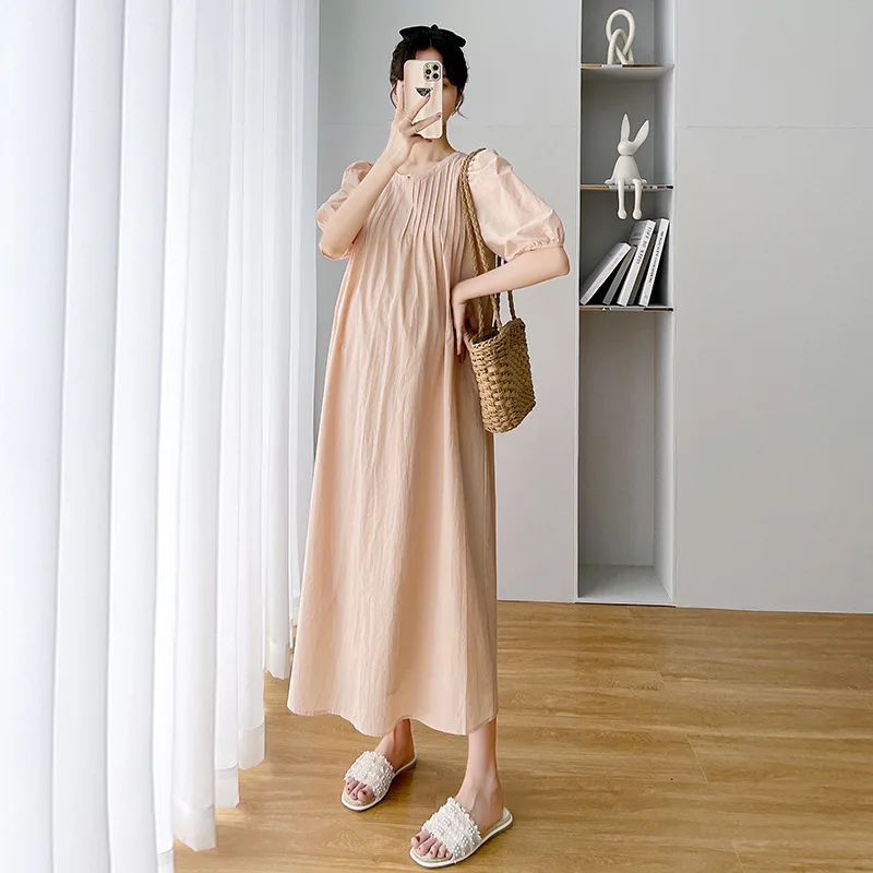 

Summer 2022 New Elegant Loose Short-sleeved Breathable Maternity Clothes Casual Japanese Wind Shirt Simple Pregnancy Long Dress