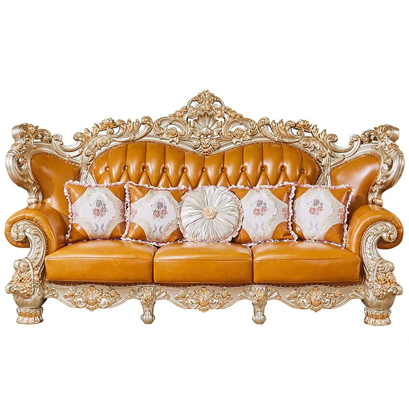 CX high-end champagne-colored carved luxury furniture set leather sofa