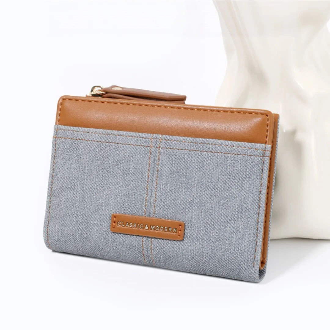 Women Short Wallet Canvas PU Spliced Bi-fold Purse Multi Card Slots Zipper Coin Pocket Classic Small Clutch For Daily Use
