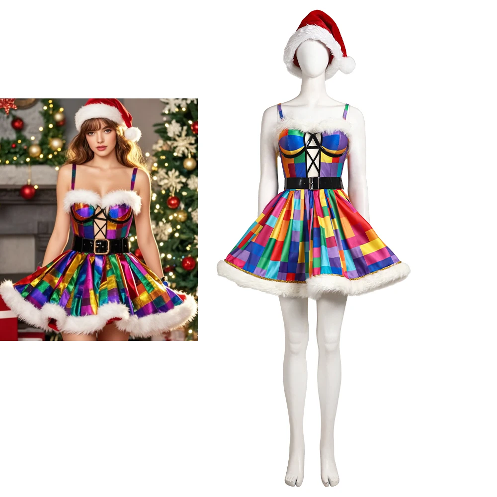 Women Girls Cosplay Santa Claus Costume Fantasia Colored Christmas Dress with Hat Xmas Party Ball Gown New Year Gifts