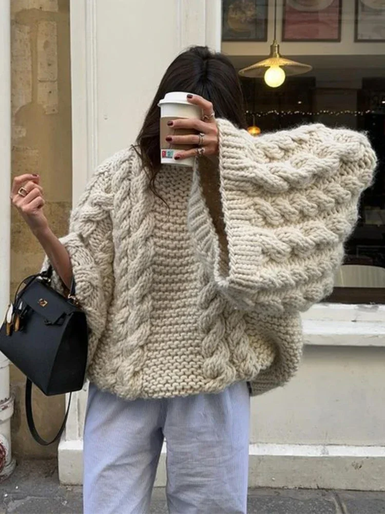 Vintage Knitted Women Pullover O-neck Full Sleeves Twist Female Sweater 2024 Autumn Winter Casual Oversize Solid Lady Sweaters