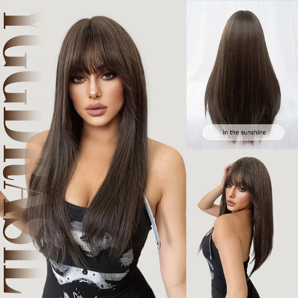 

24-дюймовые крутые коричневые винтажные синтетические парики с челкой, средний натуральный прямой парик из натуральных волос для женщин, повседневного использования, вечерние, термостойкие