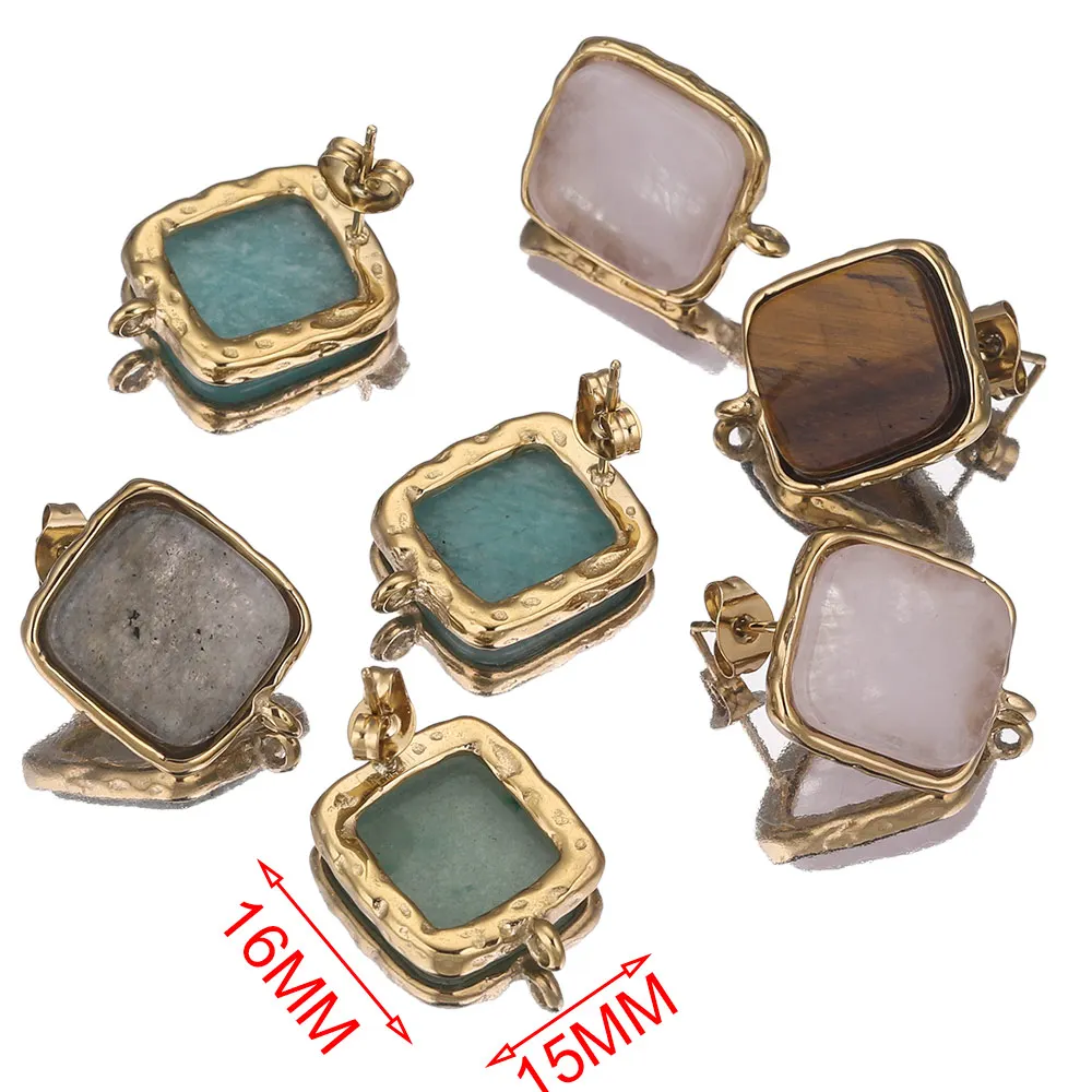 4pcs Stainless Steel Square Natural Stone Earring Making Supplies Hooks Jump Ring Connectors Earring Base Posts Components Parts