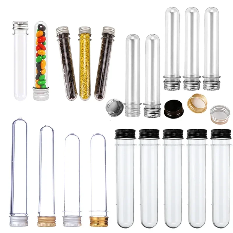 5pcs 30-100ml Empty Refillable Clear Plastic Test Tubes with Screw Aluminum Caps for Scientific Experiments Party Candy Storage