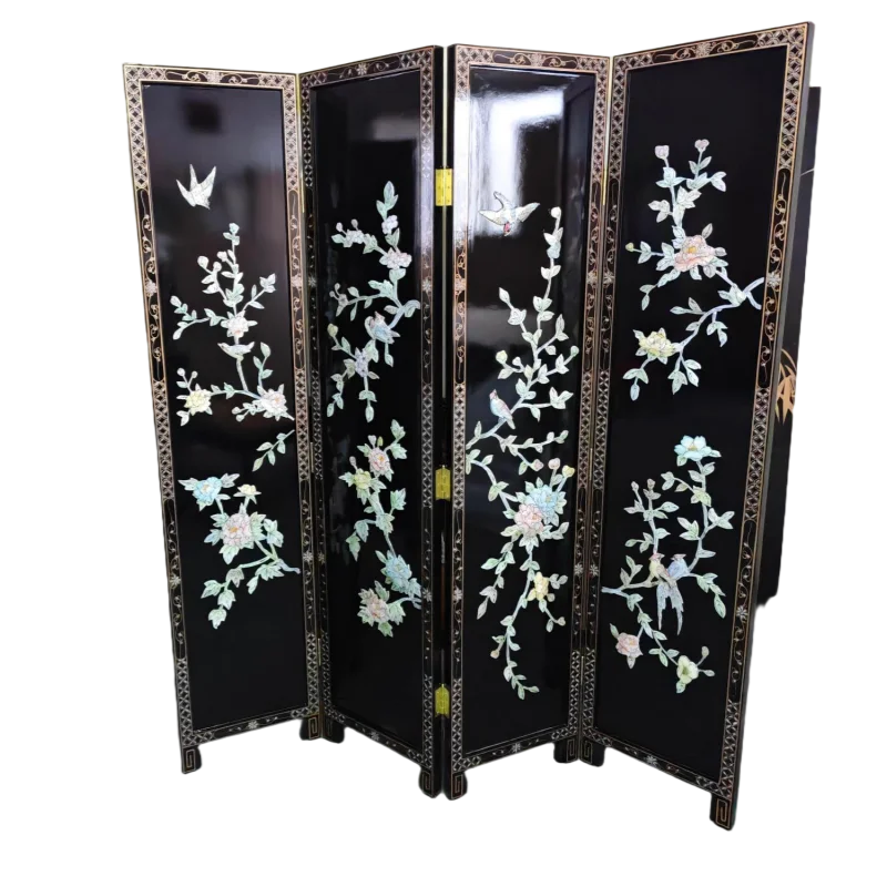 ua-Black Lacquer Mother-of-Pearl Antique Room Divider | Curved Folding Screen for Home Decor Birthday Gift-