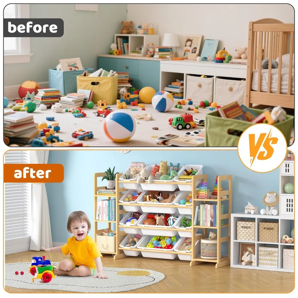 منظم تخزين ألعاب وكتب الأطفال مع 12 صندوق تخزين و6 رفوف