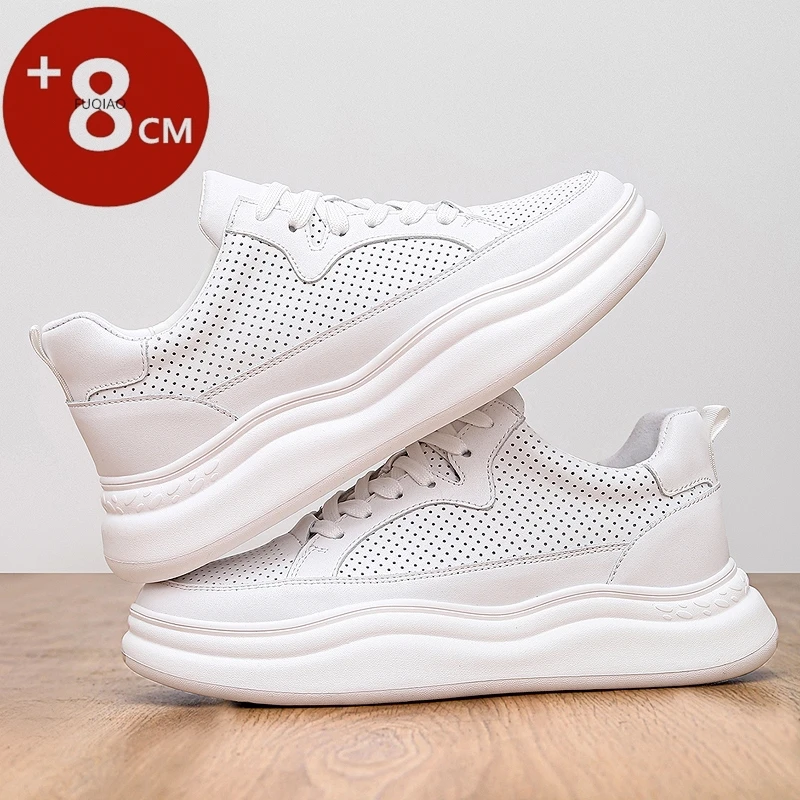 

Male 8cm Hidden Heighten Sneakers Genuine Leather Hollow Design Summer Breathable Elevated Casual Outdoor Sports Walking Shoes