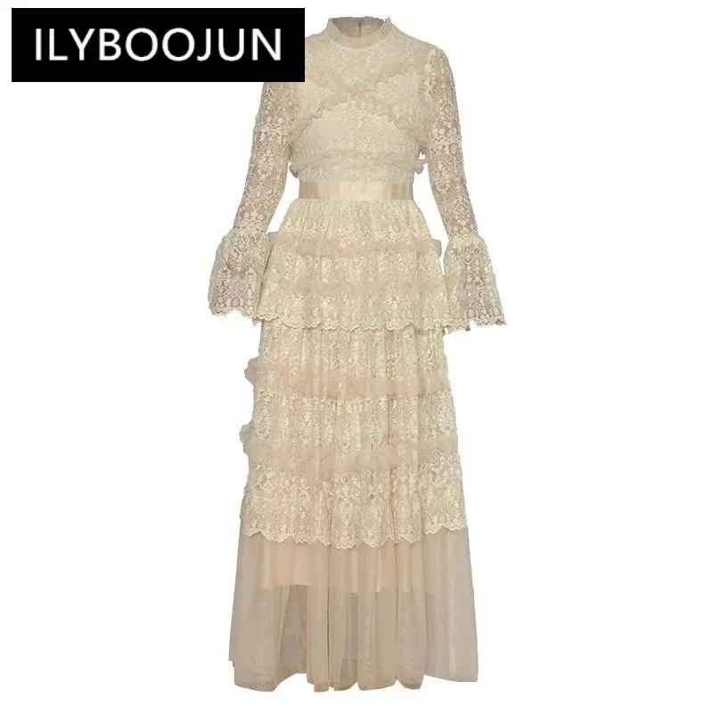 

ILYBOOJUN Fashion Designer Spring Women's Cake dress Long sleeved Flower embroidery Tiered ruffles Slim Elegant Maxi Dresses