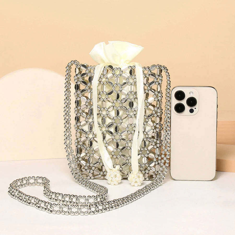 New hand-beaded braided dinner bag woman hollow out design chains shoulder crossbody bag Silver mini bucket bag purse handbag