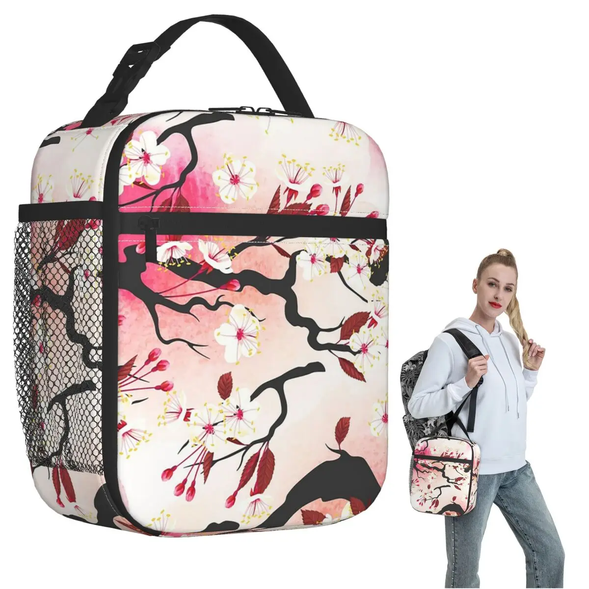 Blooming Sakura Branch Cherry Blossom Japanese Flower Insulated Lunch Bag for Women Kids  Food Boxes Thermal Lunch Box Tote
