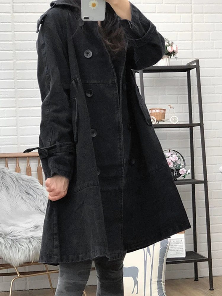 GVUW Denim Mäntel Für Frauen Revers Zweireiher Volle Hülse Mode Outwear Neue 2025, Frühjahr Weibliche Lose Kleidung 17G9196