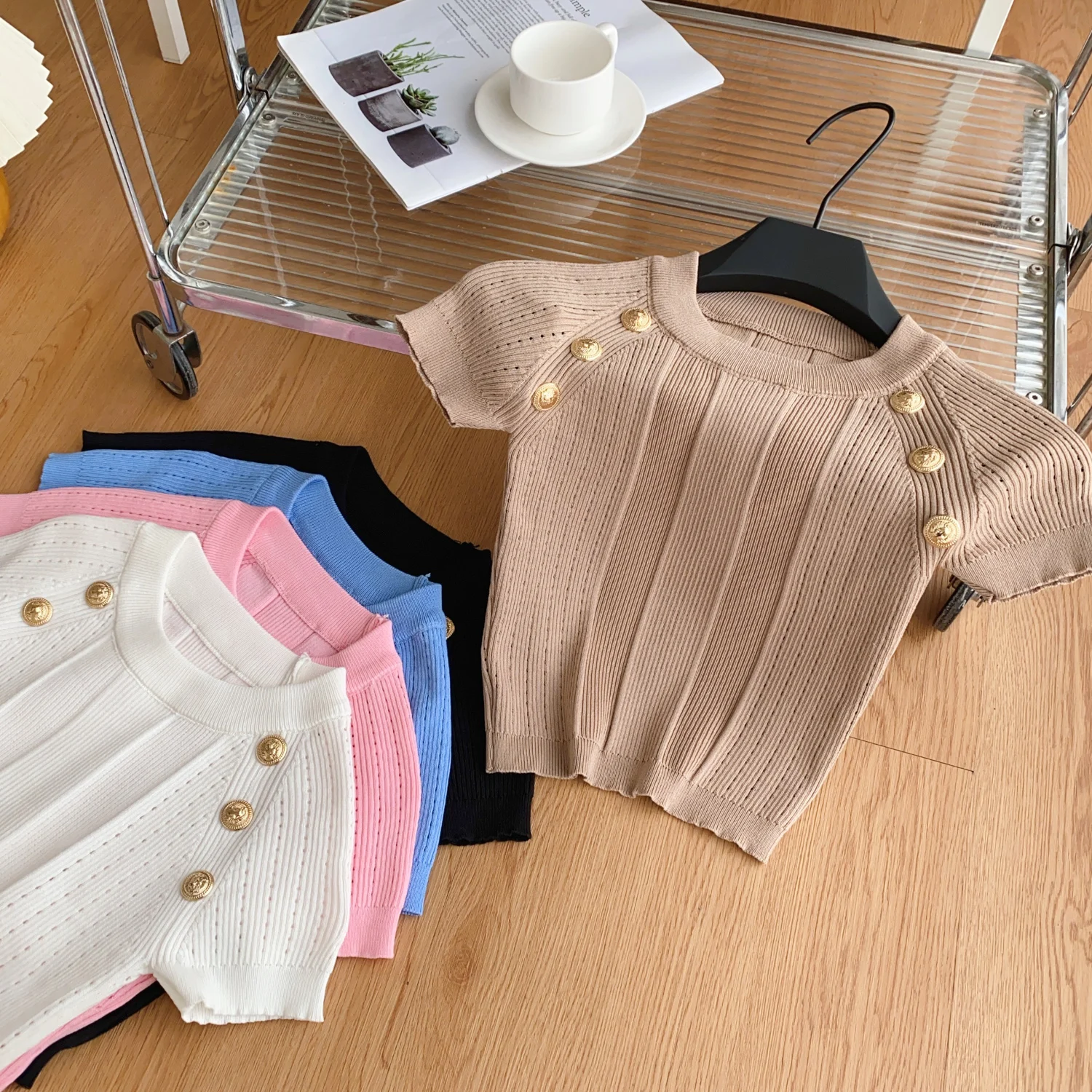 Summer Fashion O-Neck Knitted T-Shirt for Women New Chic Button Short Sleeve Crop Tops Ladies Versatile Slim Tees