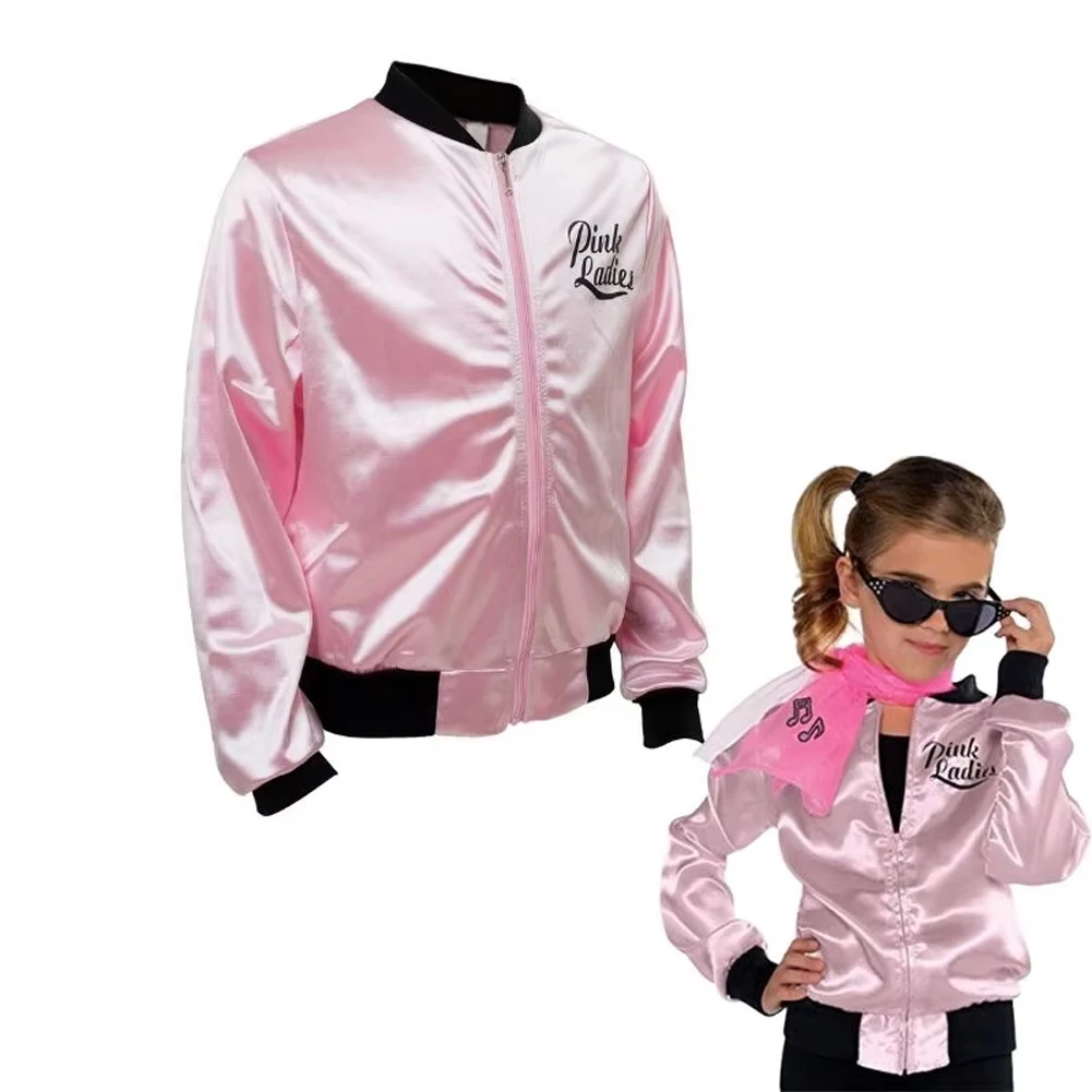 Dziecięcy Cosplay różowy damski kostium smaru kurtka Retro fantazyjne cheerleaderki dziewczęce różowy kurtka jesienny impreza z okazji Halloween garnitur