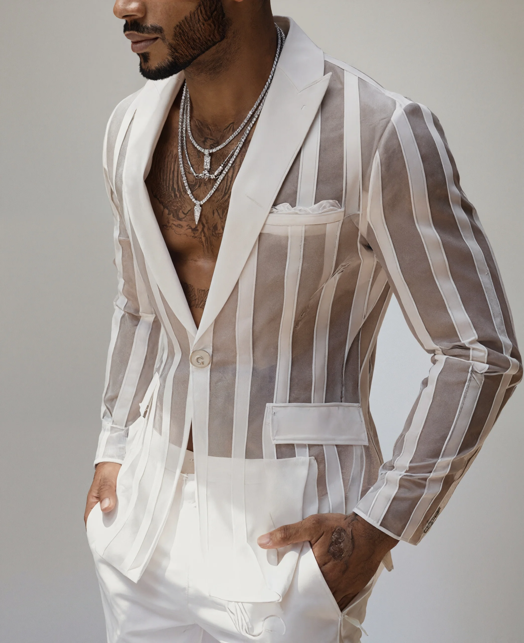 

Men's See-Through Striped Blazer 2025 Fashion Long Sleeve Suit Coat Hot Selling Black White Red Male Tops