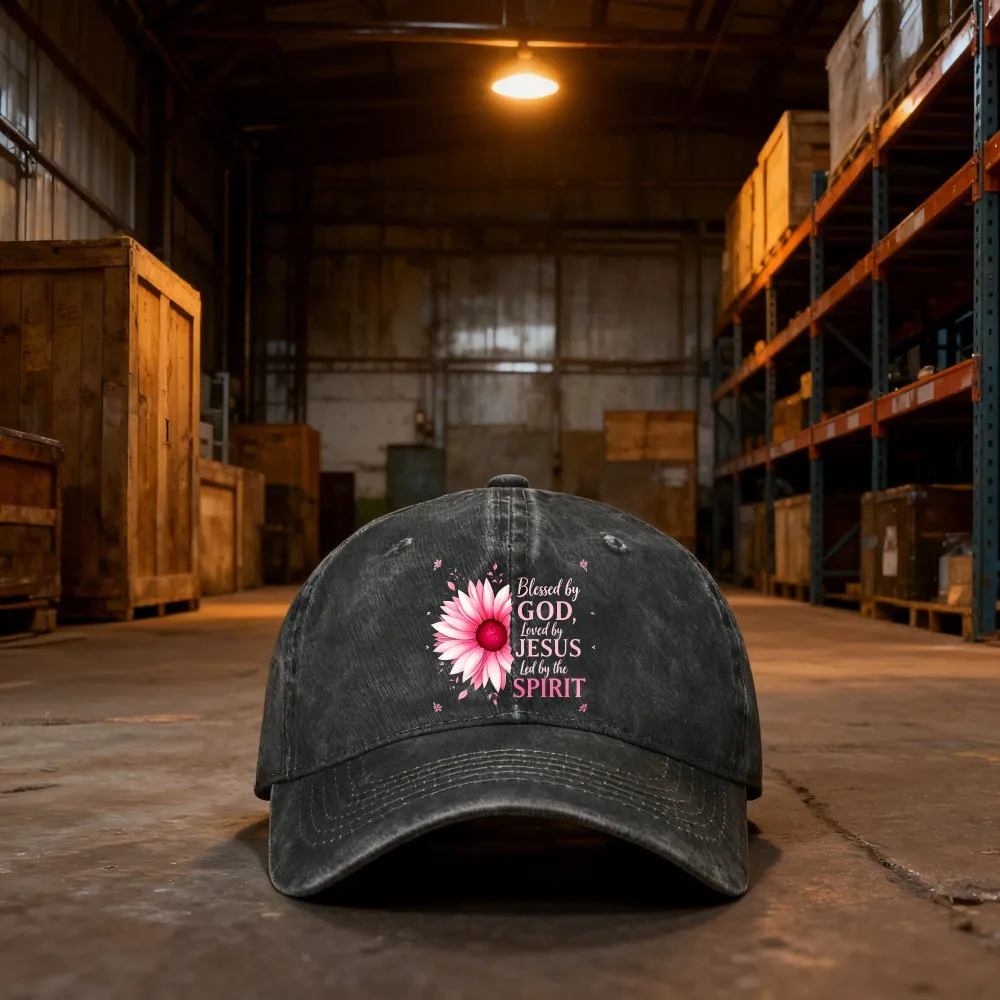 Pink-Sunflower-God-Blessing-Vintage-Washed-Baseball-Cap-Unisex-Sun-Protection-Outdoor-Hat