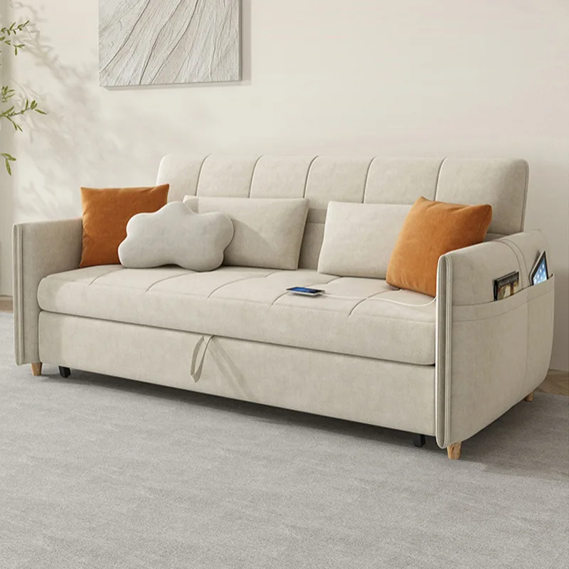 # Cream L-Shape Sectional Pull-out Sleeper Sofa Bed with Storage Convertible Sofa Bed Sectional for Living Room Villas^