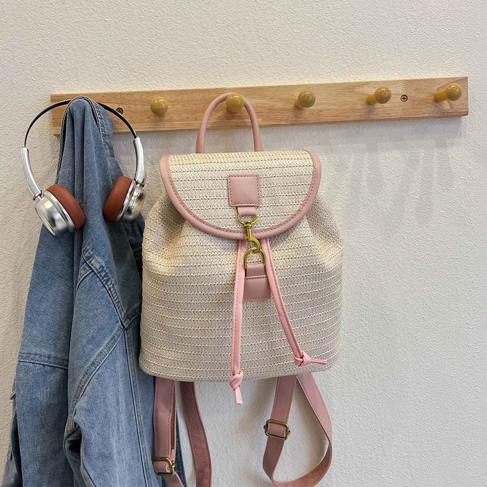 Women Striped Woven Backpack Lightweight & Portable Schoolbags Handmade Daypack with Flap Design for Summer Vacation Travel Pool