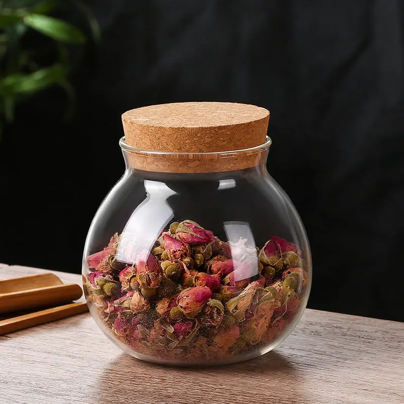 Spherical Glass Food Storage Container with Cork Lids Large Capacity Sealed Glass Bottles Pot Jar for Home Organization