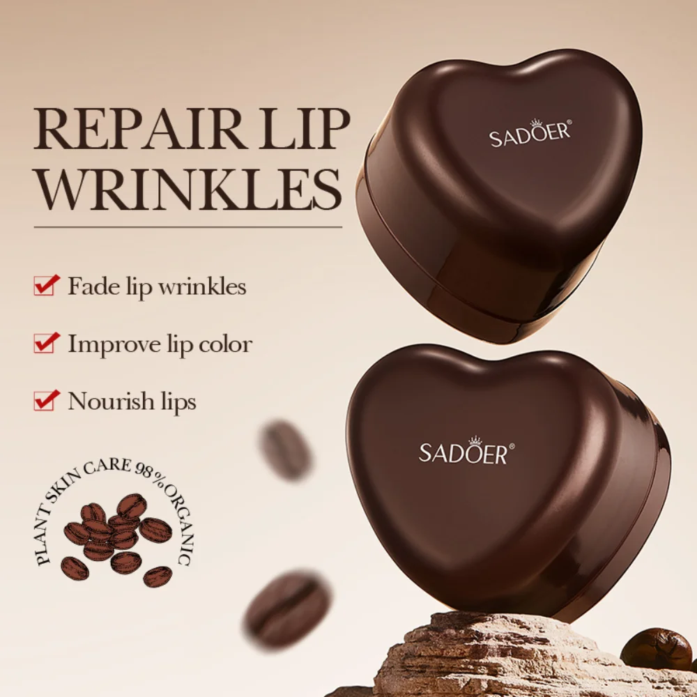 SADOER Coffee Lip Mask with Vitamin E in A Heart-Shaped Case Moisturizing and Nourishing Care for Soft Smooth Lips for Daily Use