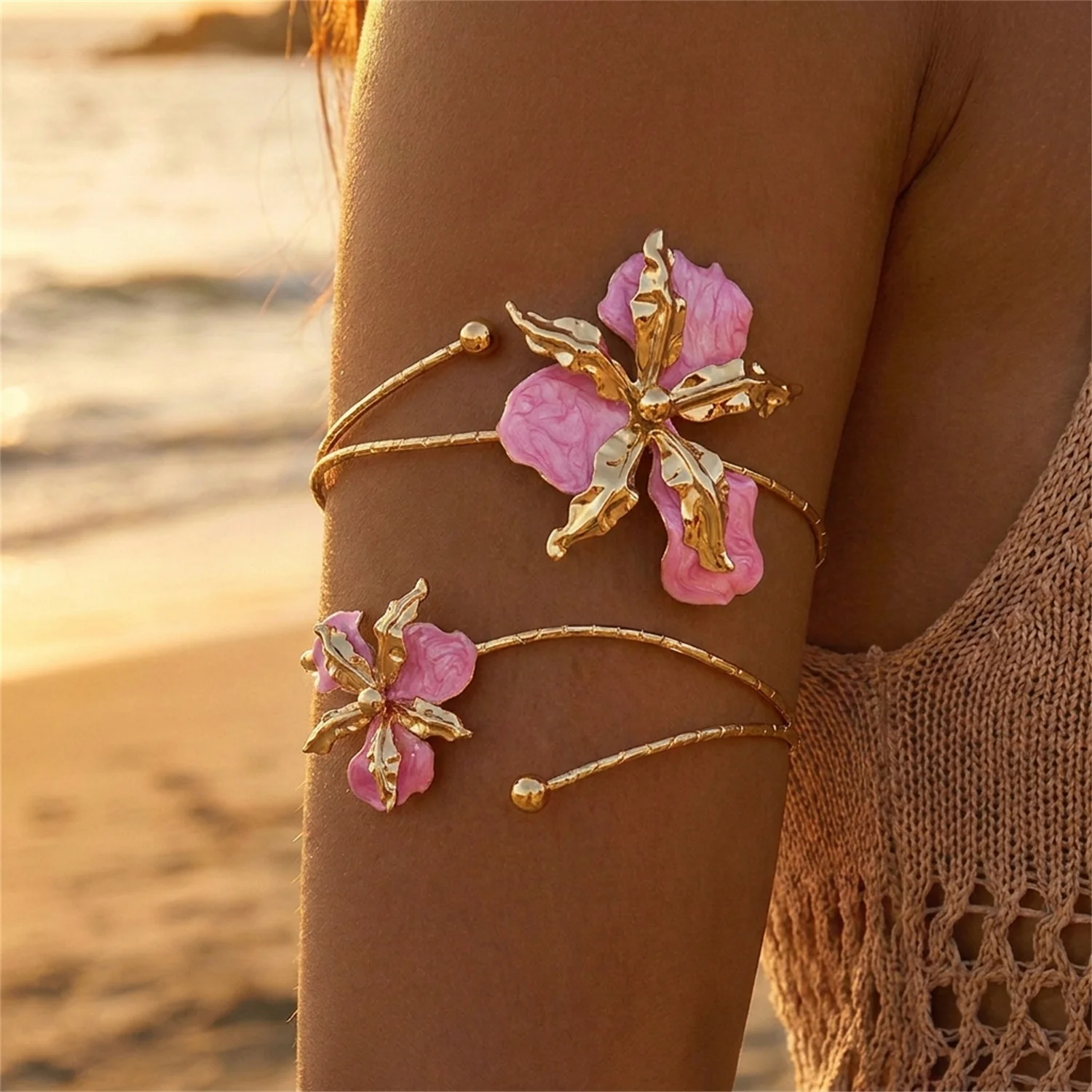 Boho Elegant Sexy Flower Open Cuff Armlet for Women Vintage Enamel Glaze Craft Floral Adjustable Arm Bracelet Beach Body Jewelry