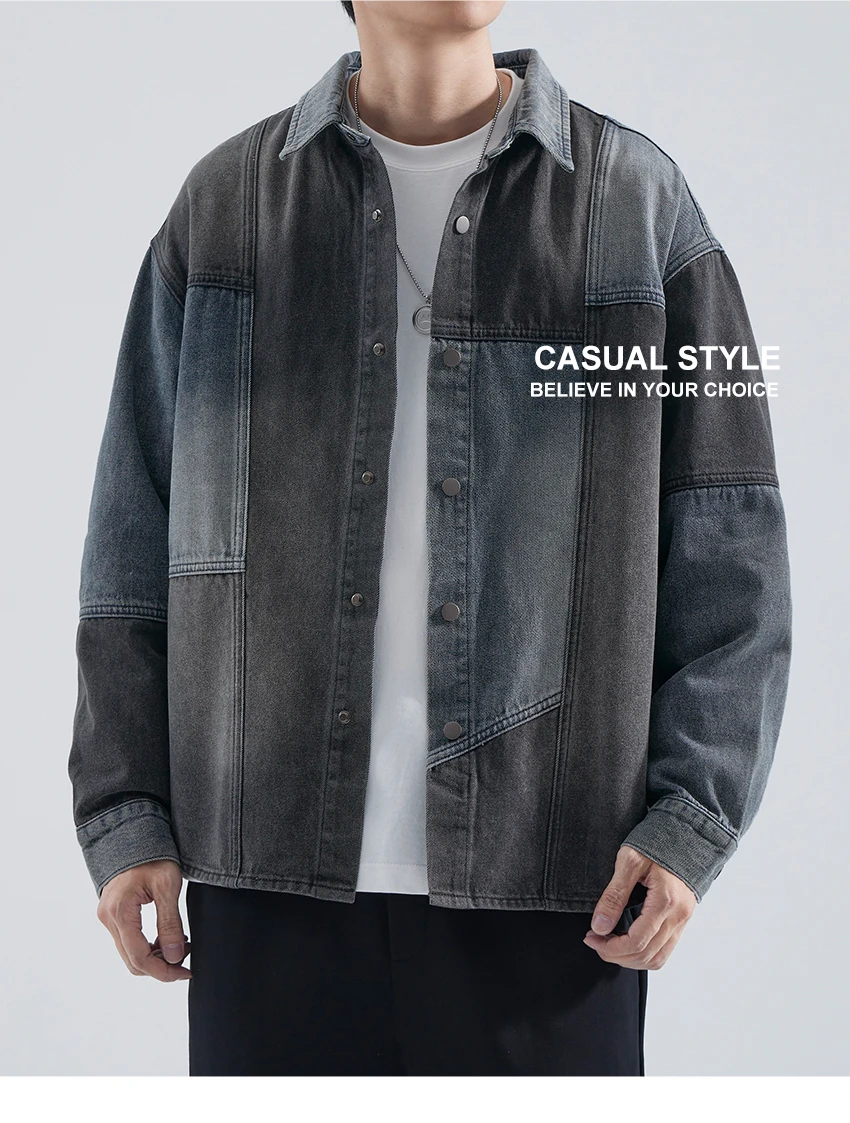 سترة الدنيم الأمريكية الرجعية تقسم، الرجال الربيع والخريف العلامة التجارية الجديدة العصرية فضفاضة عارضة قميص، الأدوات سترة أعلى