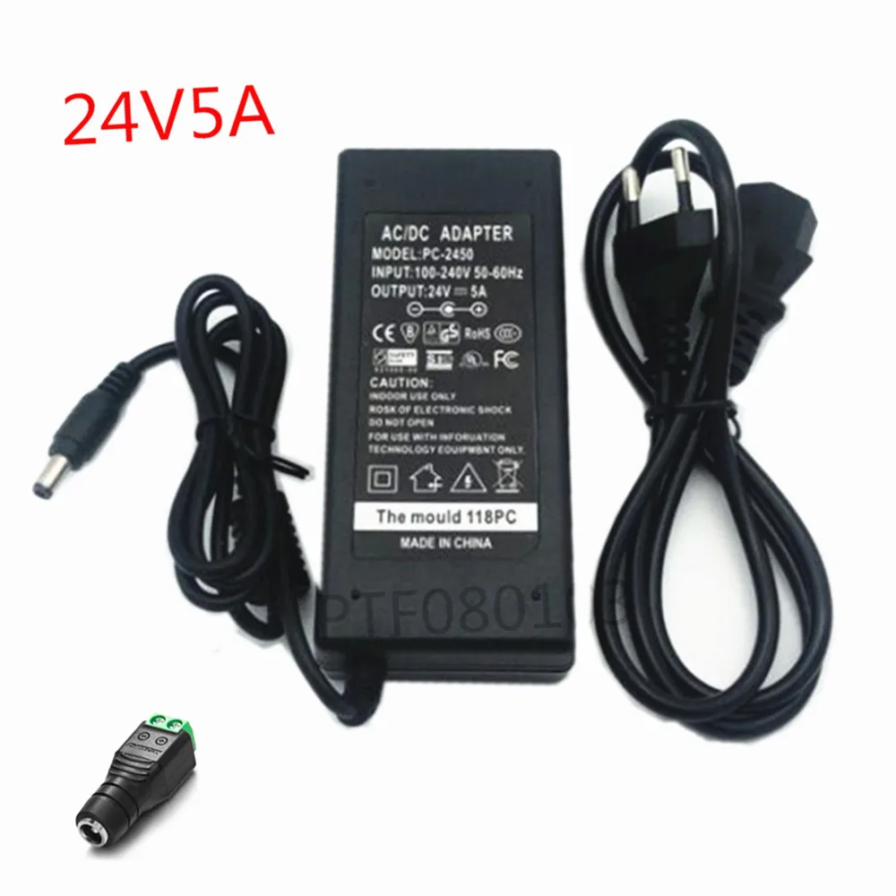 

EU Plug AC 100-240V To DC 24V 5A Power Supply Adapter Cord For LED Strip Light / With Connector