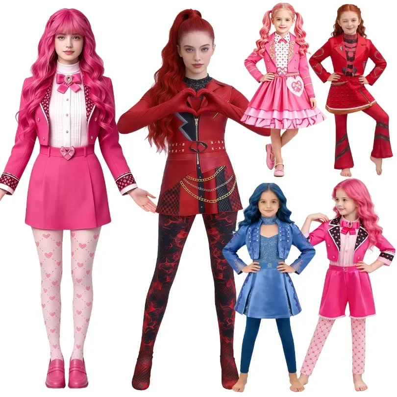 New Descendants 5 bodysuit Costume Adult Kids Wicked Wonderland Chloe Pink Red dress Halloween Party Birthday Clothing Outfit