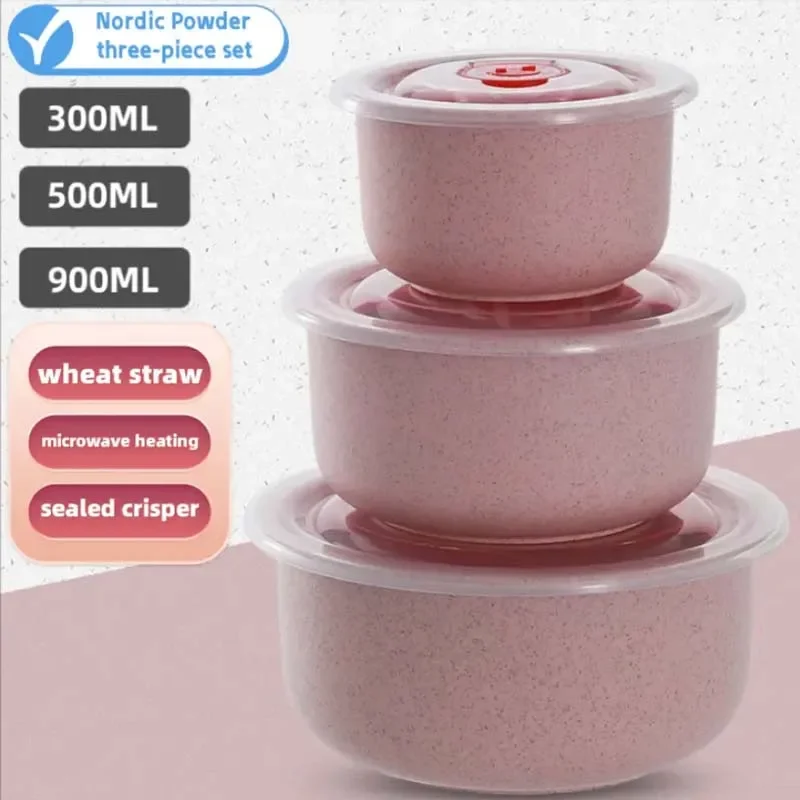 3PCS/Set Wheat Lunch Bowl Box Round Lunch Box With Lid Can Be Microwave Sealed Bowl Kitchen Supplies Storage Box