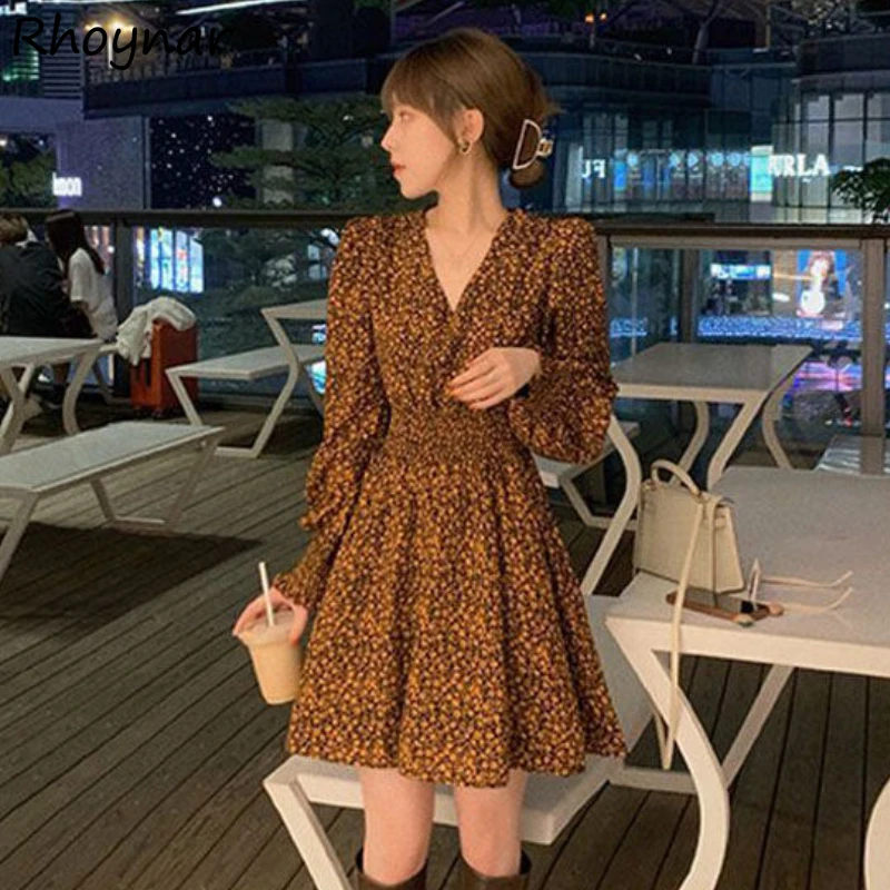 

Dresses Women M-3XL Floral Design Ulzzang Hipsters Puff Sleeve Casual Vintage Tender Feminino V-neck Aesthetic Party Temperament