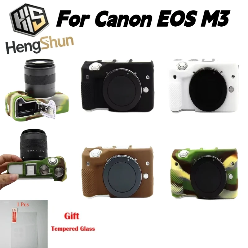 For Canon EOS M3 Soft Silicone Camera Case Shock‑Proof Anti‑Scratch Protective Cover With Free Tempered Glass Screen Protector
