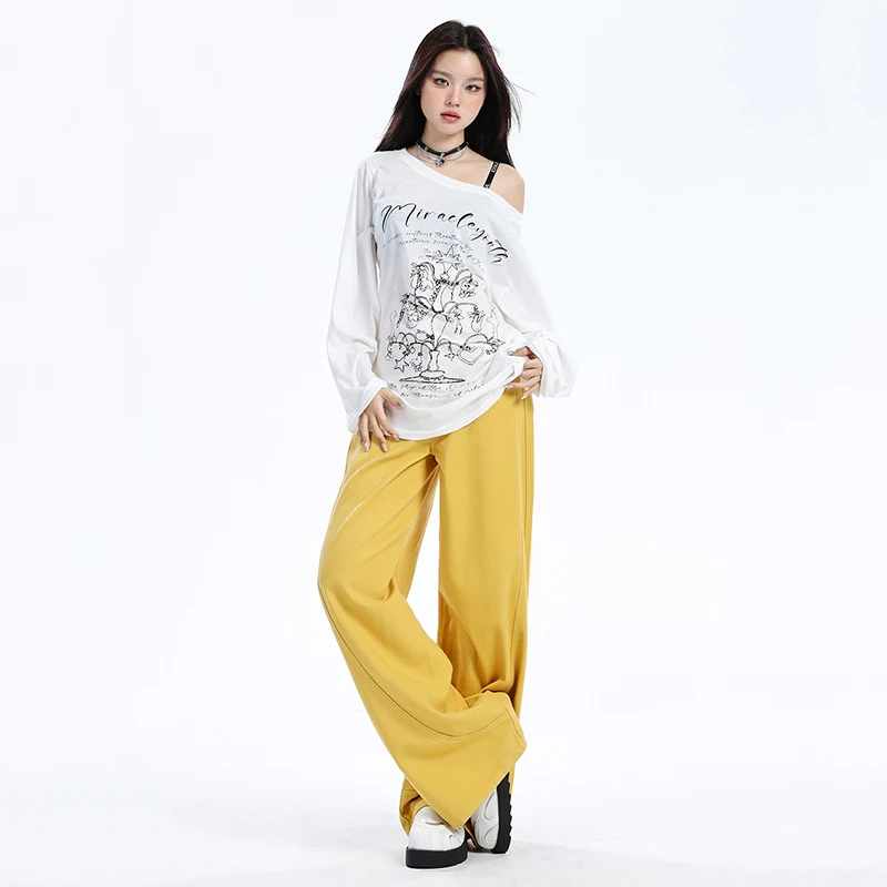 Solid Color High-waisted Straight-leg Jeans American Streetwear Loose Wide Leg Pants Harajuku Casual Floor Mopping Trousers