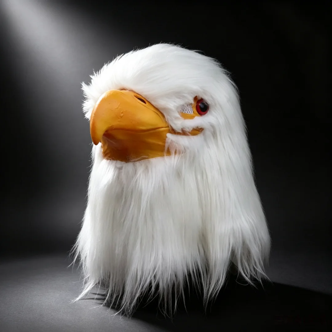 Bald Eagle Latex Full Head Mask with White Fur, Realistic Bird Raptor Headgear For Halloween Cosplay Costume Prop for Party Carnival Fancy Dress