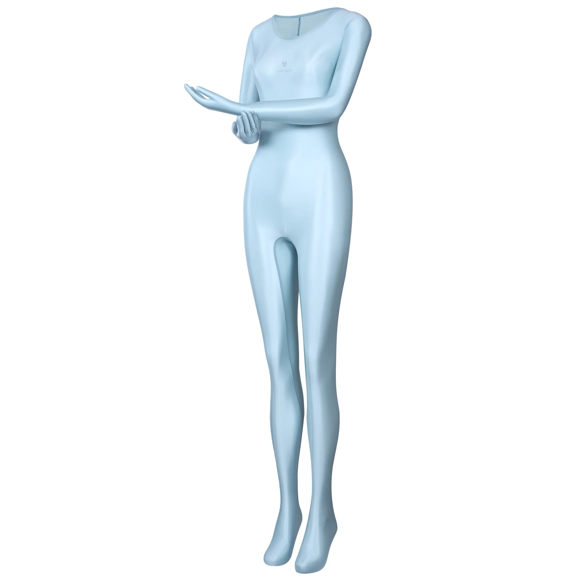 AMORESY dünner, glänzender, ölig glatter, farbenfroher Ganzkörper-Jumpsuit, einfarbig, Rundhalsausschnitt mit Handschuhen, lange Ärmel, Strumpfhose – Detail 9