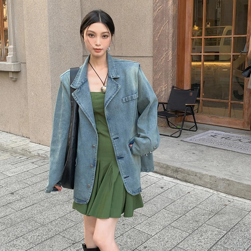 Vintage Blue Long Sleeve Denim Jacket Women Casual Single Breasted Pockets Jean Coats Woman 2023 Autumn Turn-Down Collar Outwear