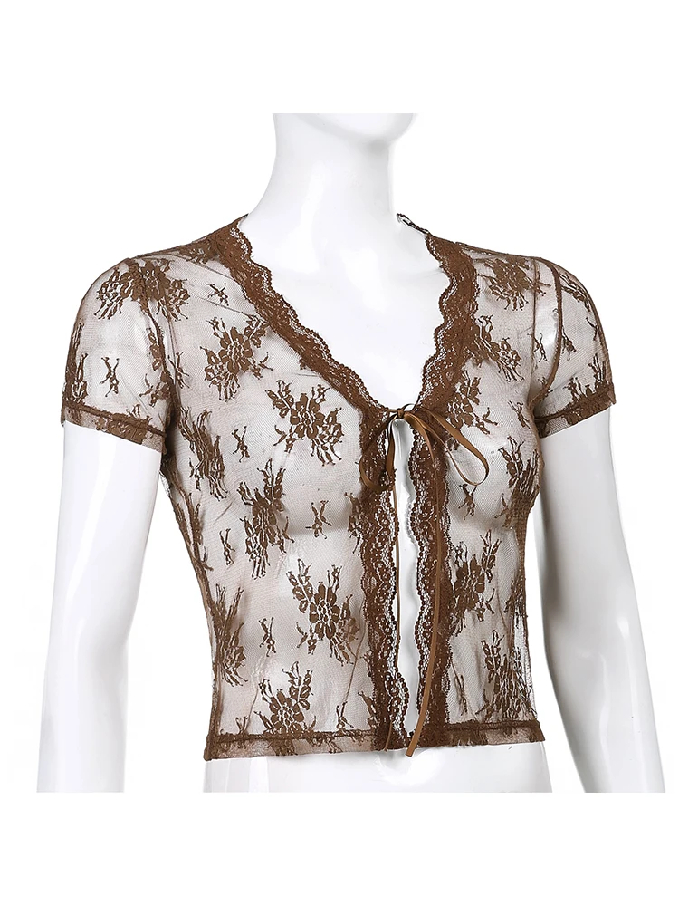 Sweetown Brown Vintage New Lace Crop Top Short Sleeve See Through Sexy Mesh Woman Tshirts V Neck Lace Up Floral Kawaii Clothes